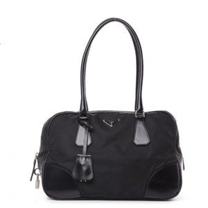 PRADA Tessuto Nylon Soft Calfskin Shoulder Bag Black